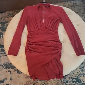 Burgundy Velvet Choker Neck Bodycon w/Deep Vneck